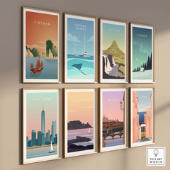 Vietnam Wall Art Poster collection showcasing vintage-style travel posters of various destinations.