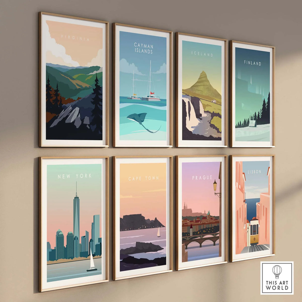 Collection of minimalist vintage travel poster prints featuring Virginia, Iceland, New York, and more.