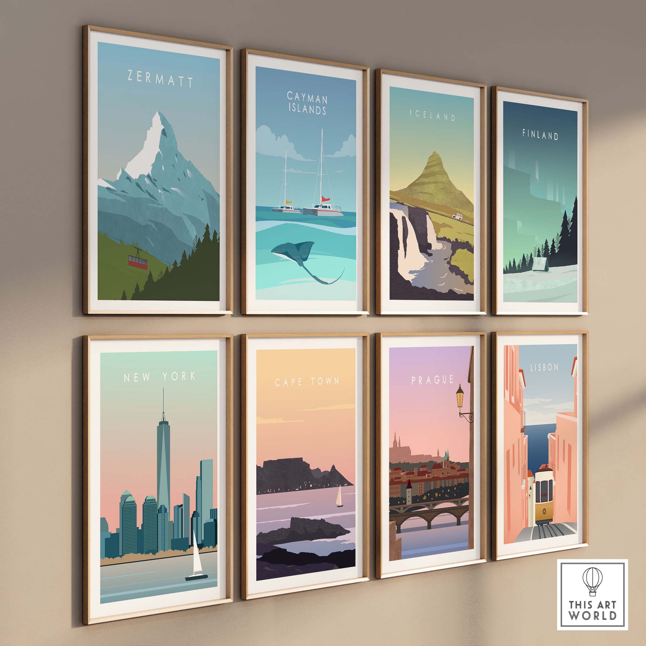 Gallery wall featuring vintage travel posters: Zermatt, Catman Islands, Iceland, Finland, New York, Cape Town, Prague, and Lisbon.