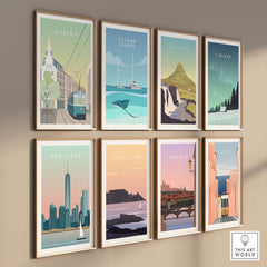 Stylish Zurich Print Wall Art Poster among vintage travel prints on display in modern frames.
