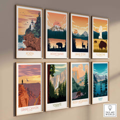 Collection of vintage National Park poster prints including Acadia, Yellowstone, and Grand Canyon for stylish wall art.