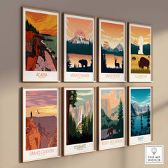 Gallery of vintage-inspired National Park wall art posters including Acadia, Mount Rainier, and Grand Canyon.
