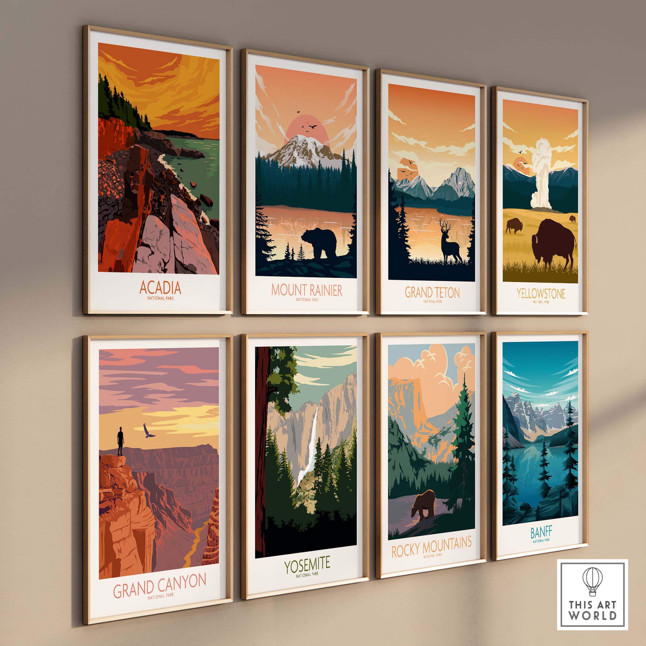 Gallery of vintage-inspired National Park wall art posters including Acadia, Mount Rainier, and Grand Canyon.