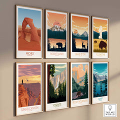 Gallery of National Park art prints including Arches, Mount Rainier, Grand Teton, and more in minimalist style.