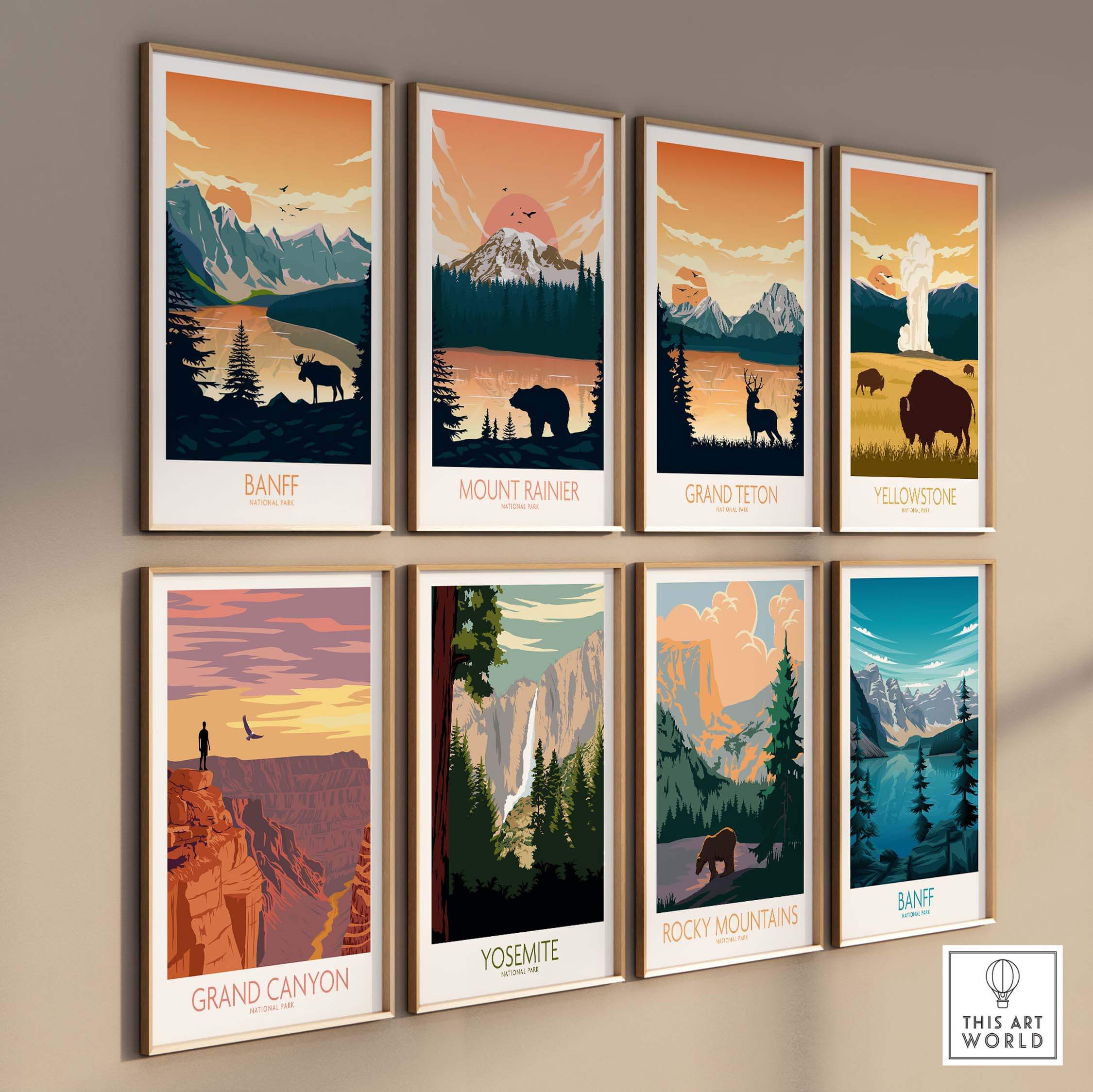 Collection of vintage-style National Park posters, showcasing Banff, Yellowstone, Grand Canyon, and more.