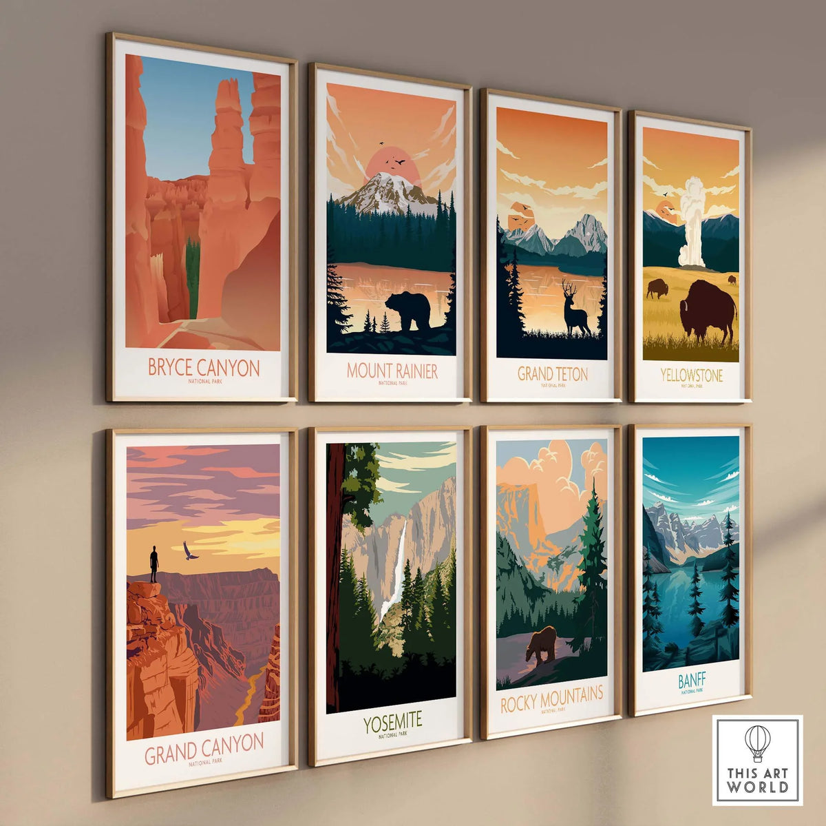 Framed art prints of national parks including Bryce Canyon, Grand Canyon, and more for stylish wall decor.