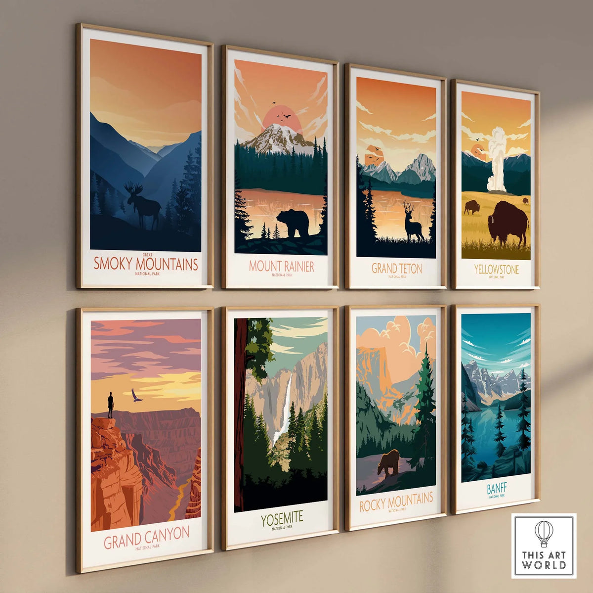Collection of National Park art prints featuring Smoky Mountains, Grand Canyon, Yellowstone and more in a minimalist style.