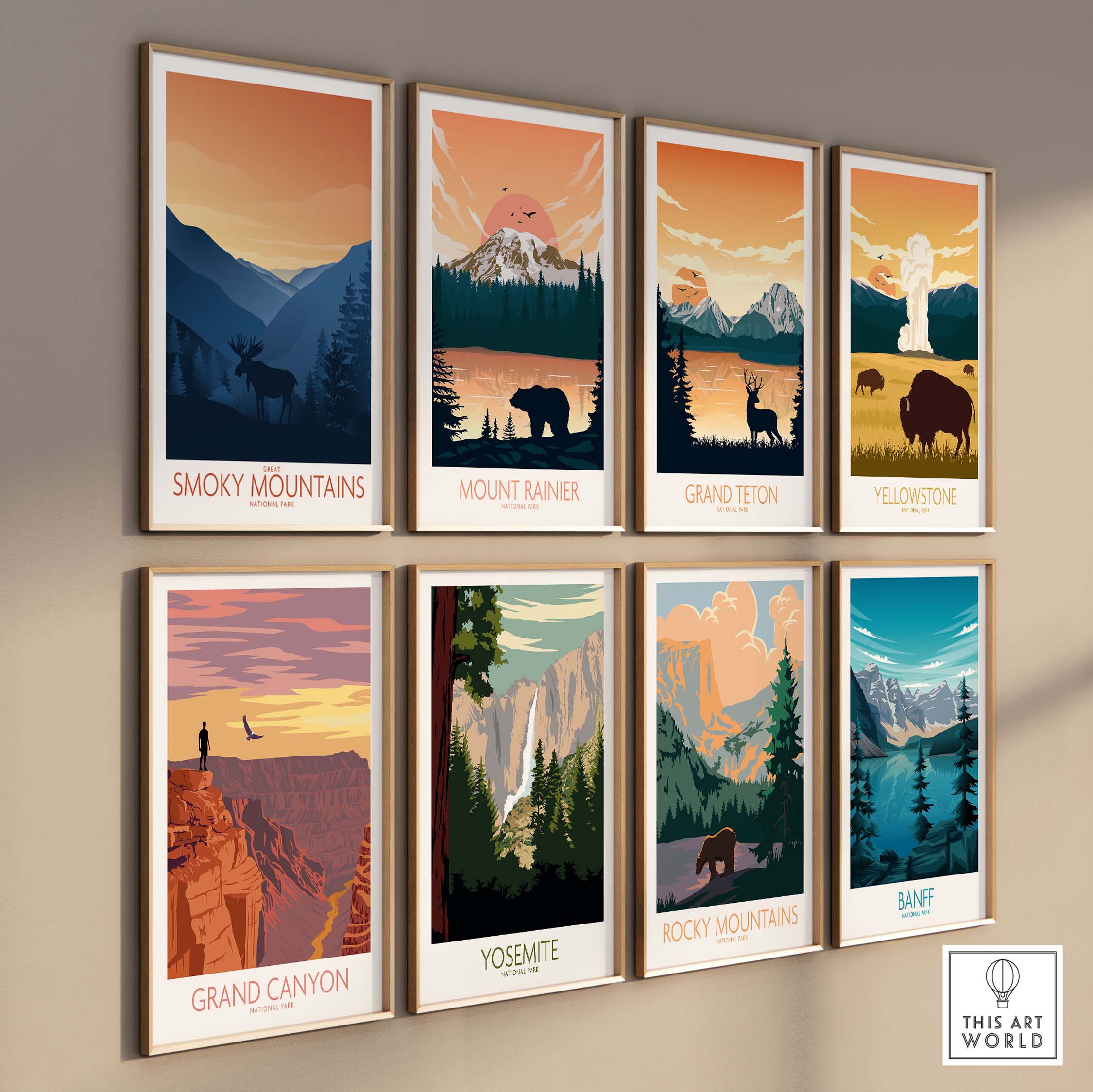 Collection of National Park art prints featuring Smoky Mountains, Grand Canyon, Yellowstone and more in a minimalist style.