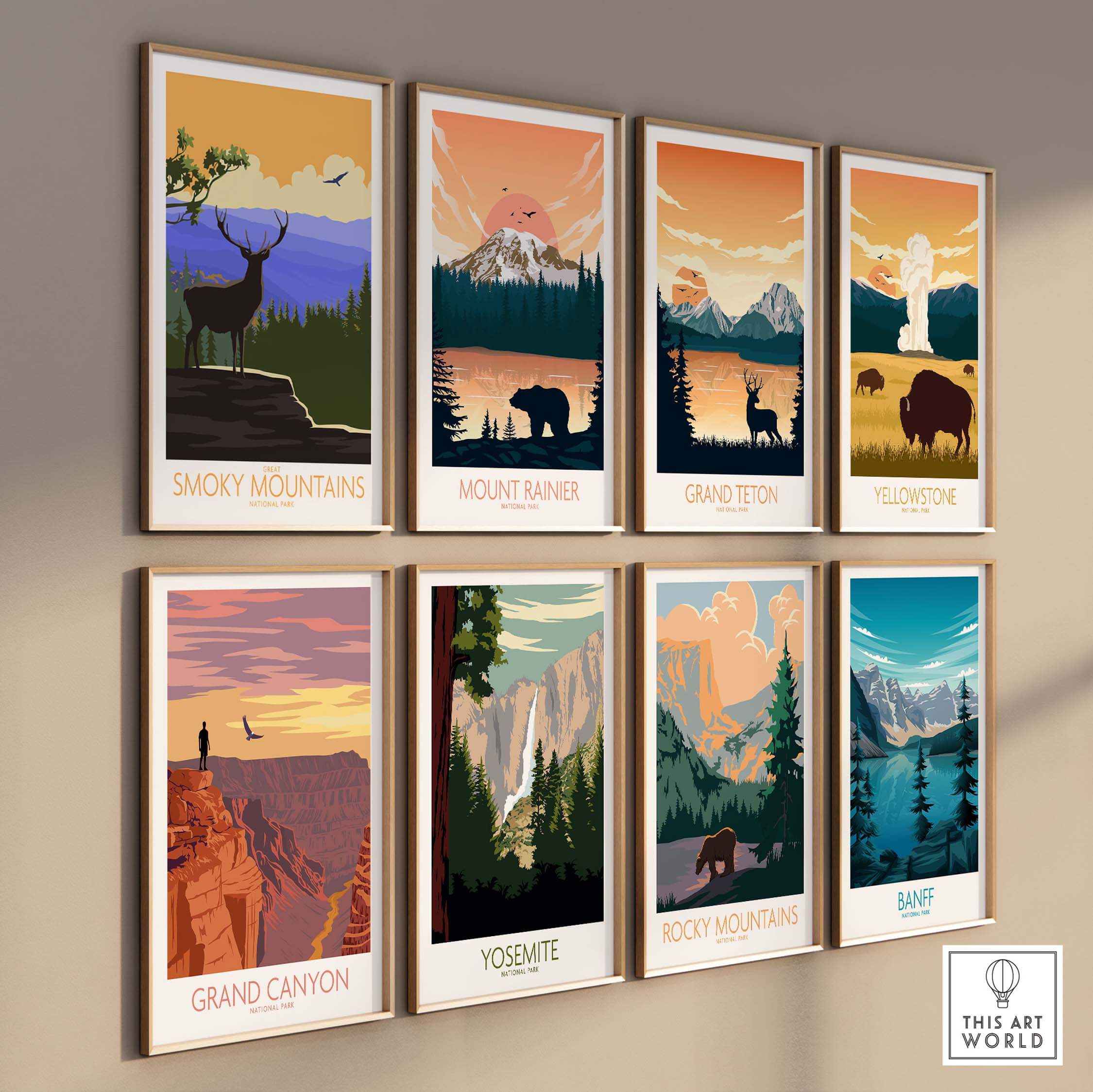 Collection of vintage-style National Park posters featuring famous landscapes like Great Smoky Mountains and Grand Canyon.