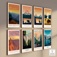 Collection of vintage-inspired national park poster prints including Smoky Mountains, Grand Canyon, and more.