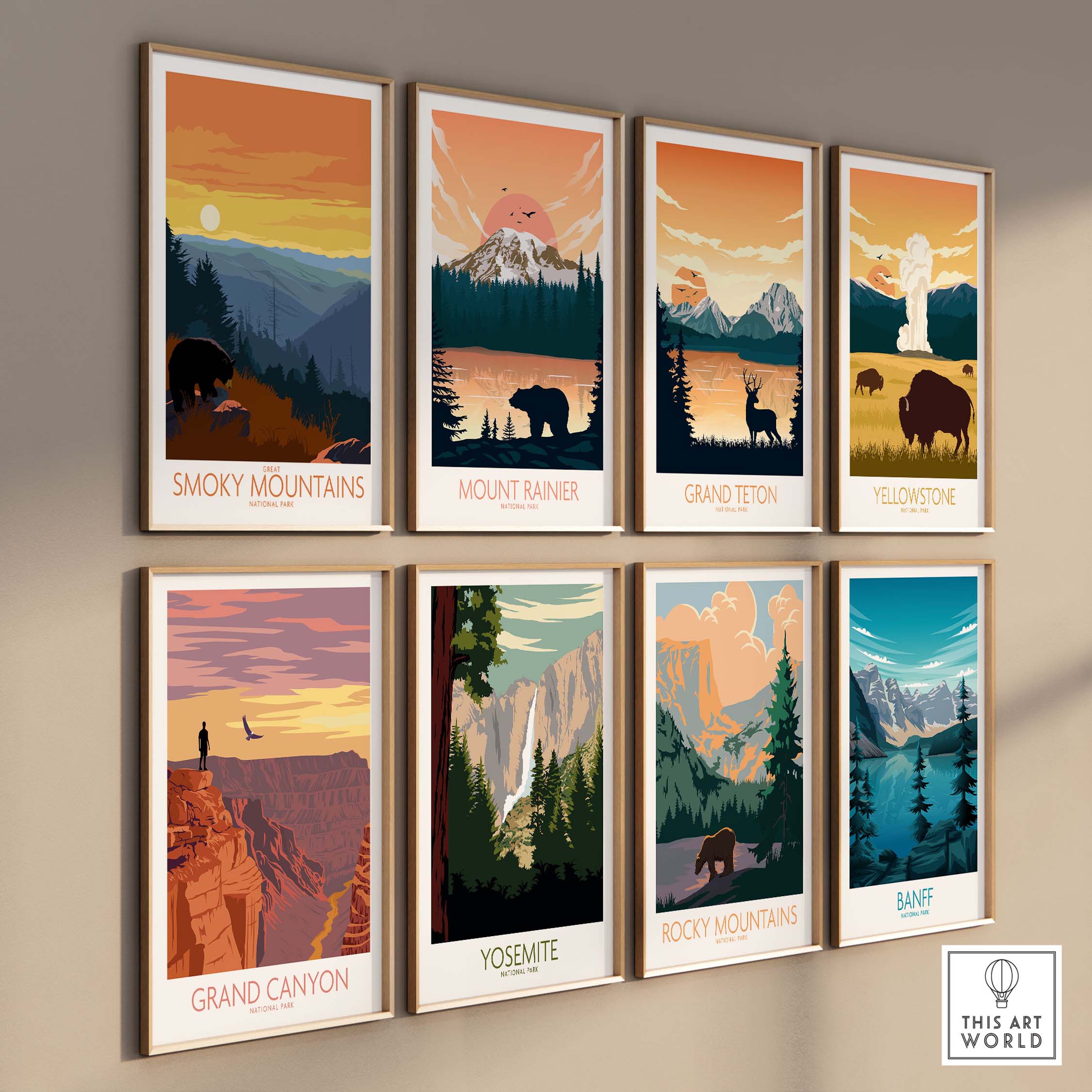 Collection of vintage-inspired national park poster prints including Smoky Mountains, Grand Canyon, and more.