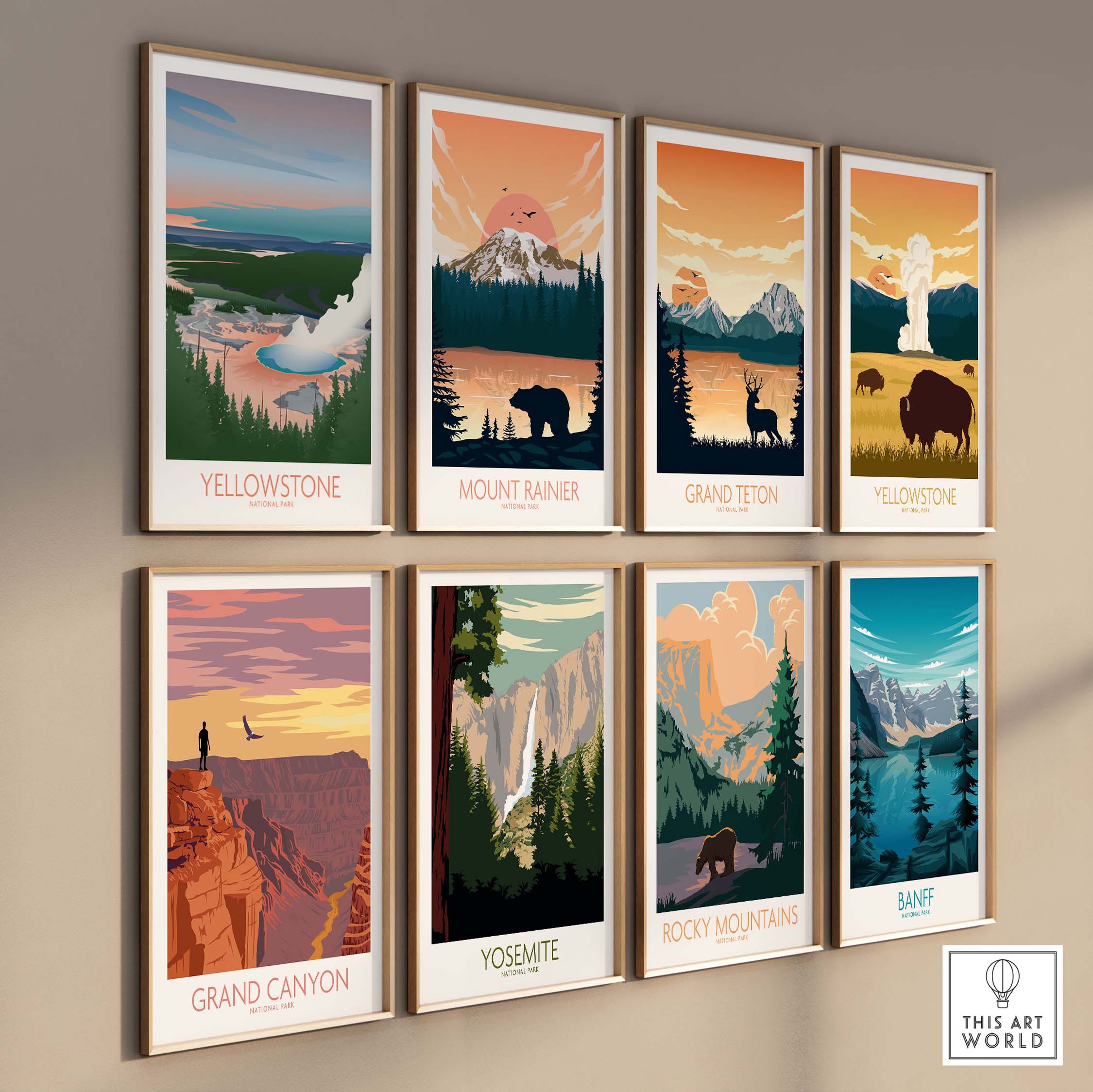 Gallery wall featuring vintage-style national park poster prints: Yosemite, Yellowstone, Banff, and more.