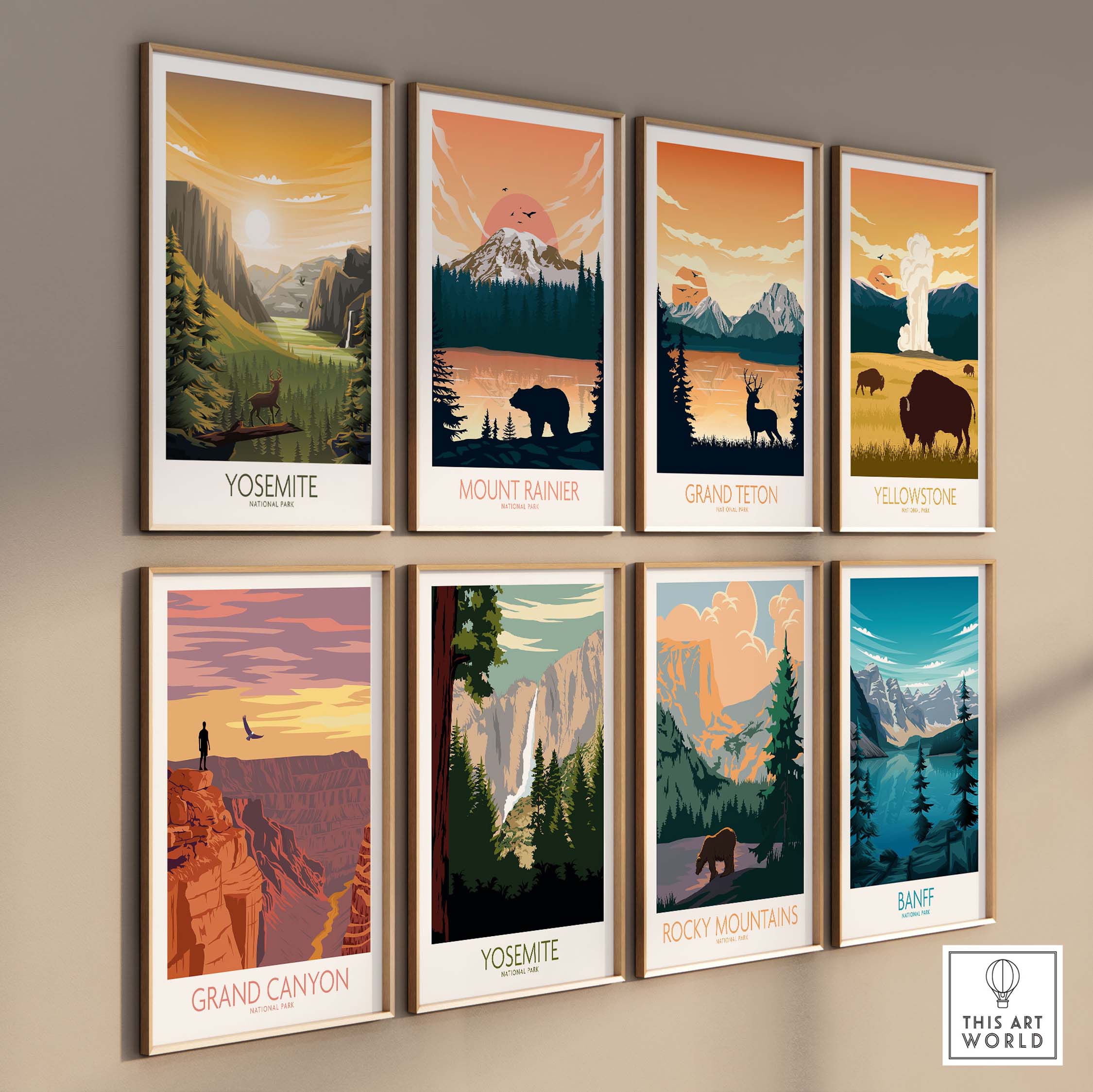 Collection of National Park posters featuring Yosemite, Mount Rainier, Grand Teton, Yellowstone, and more, displayed on a wall.
