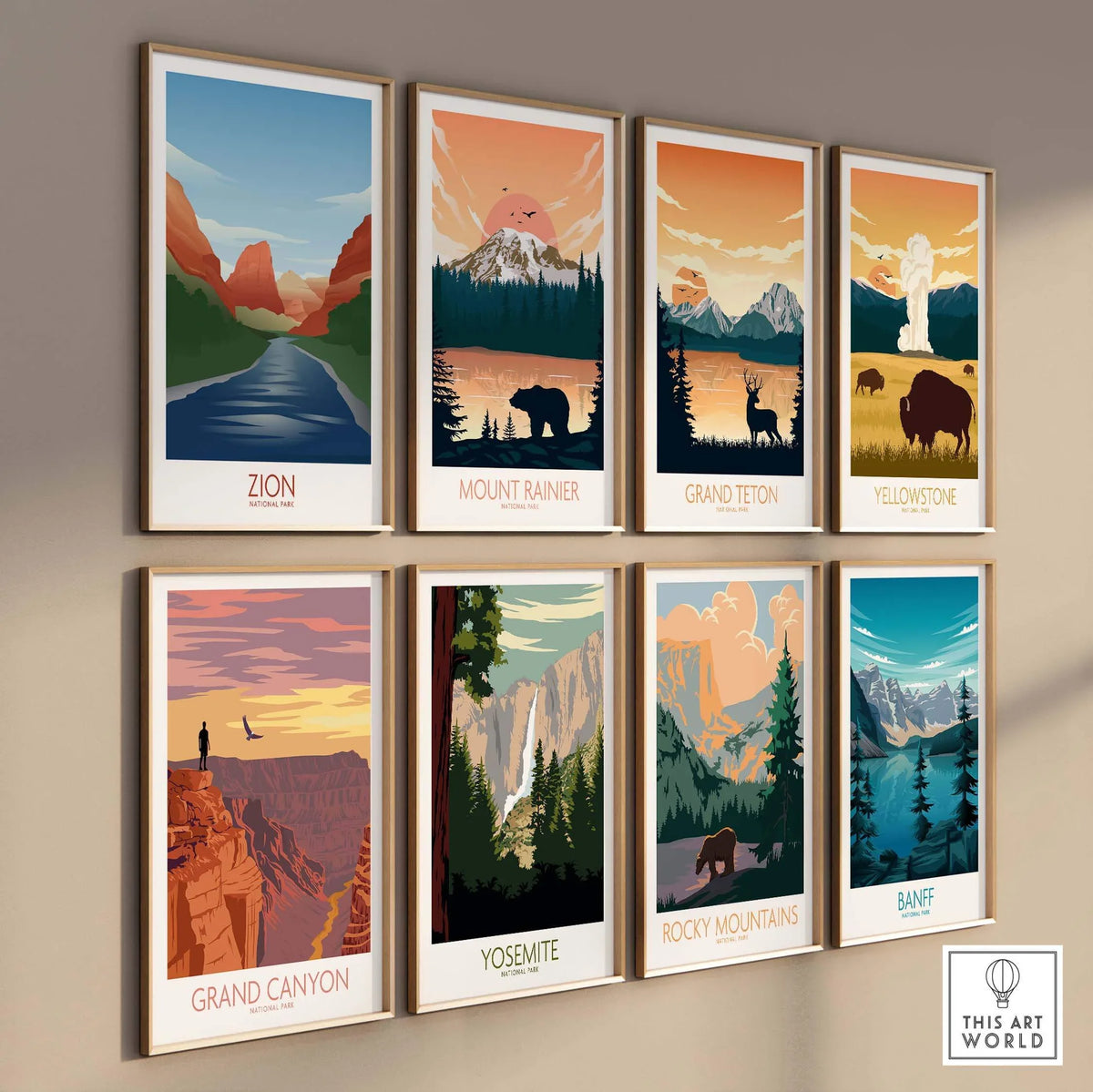 Zion National Park art print alongside other national park posters in a minimalist style, displayed in frames.