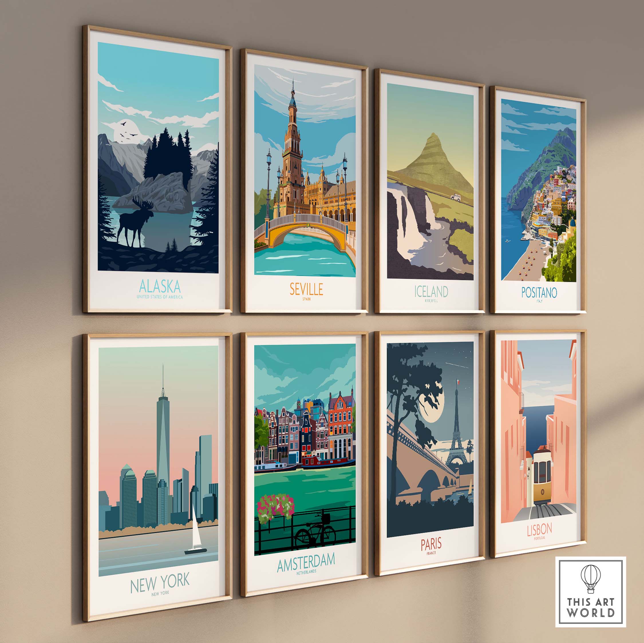 Colorful vintage travel posters of Alaska, Seville, Iceland, Positano, New York, Amsterdam, Paris, and Lisbon.