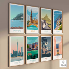 Collection of vintage travel art prints featuring Amalfi Coast, Seville, Iceland, Positano, New York, Amsterdam, Paris, and Lisbon.