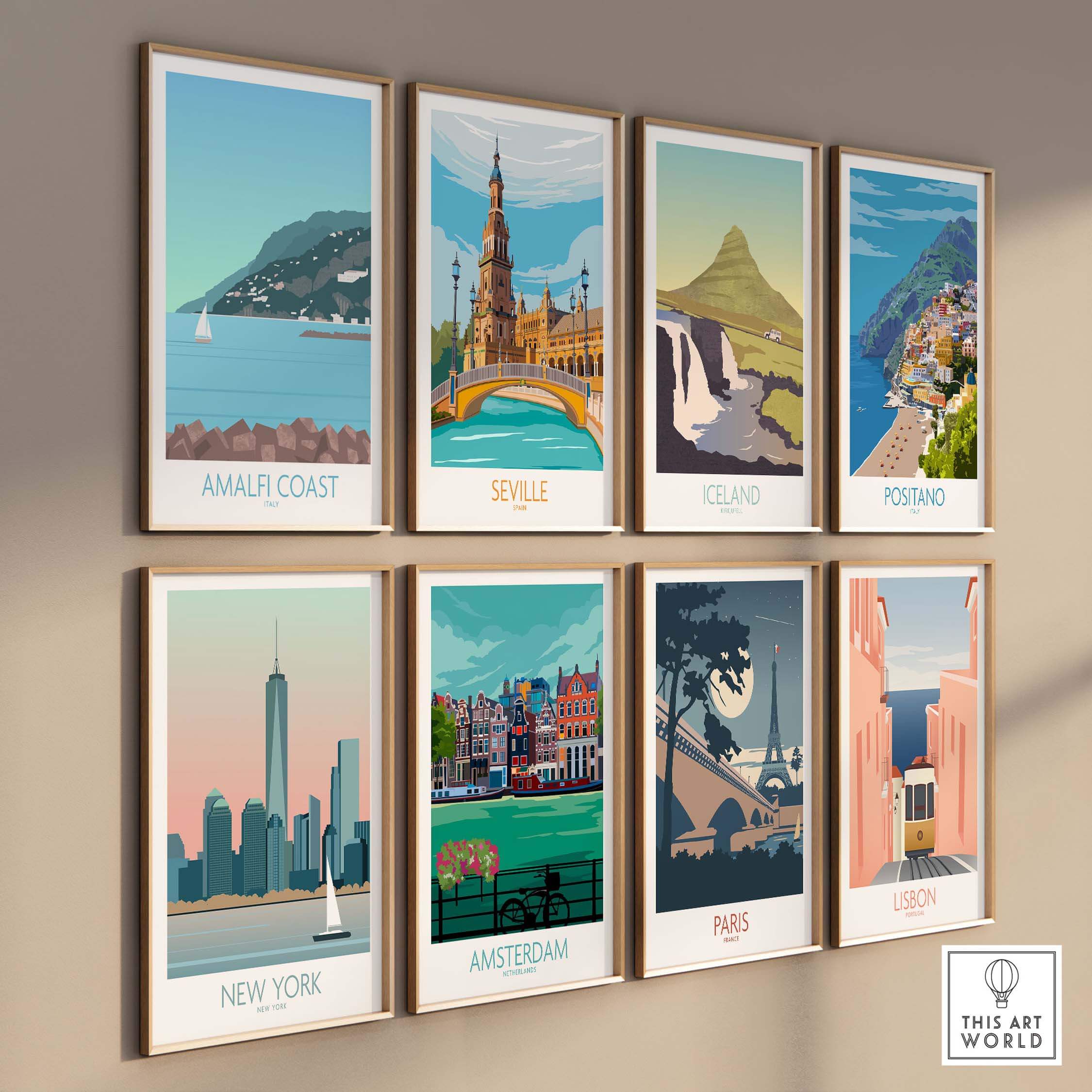 Collection of vintage travel art prints featuring Amalfi Coast, Seville, Iceland, Positano, New York, Amsterdam, Paris, and Lisbon.
