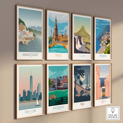 Collection of minimalist vintage travel posters featuring Amalfi Coast, Seville, Iceland, Positano, New York, Amsterdam, Paris, and Lisbon.