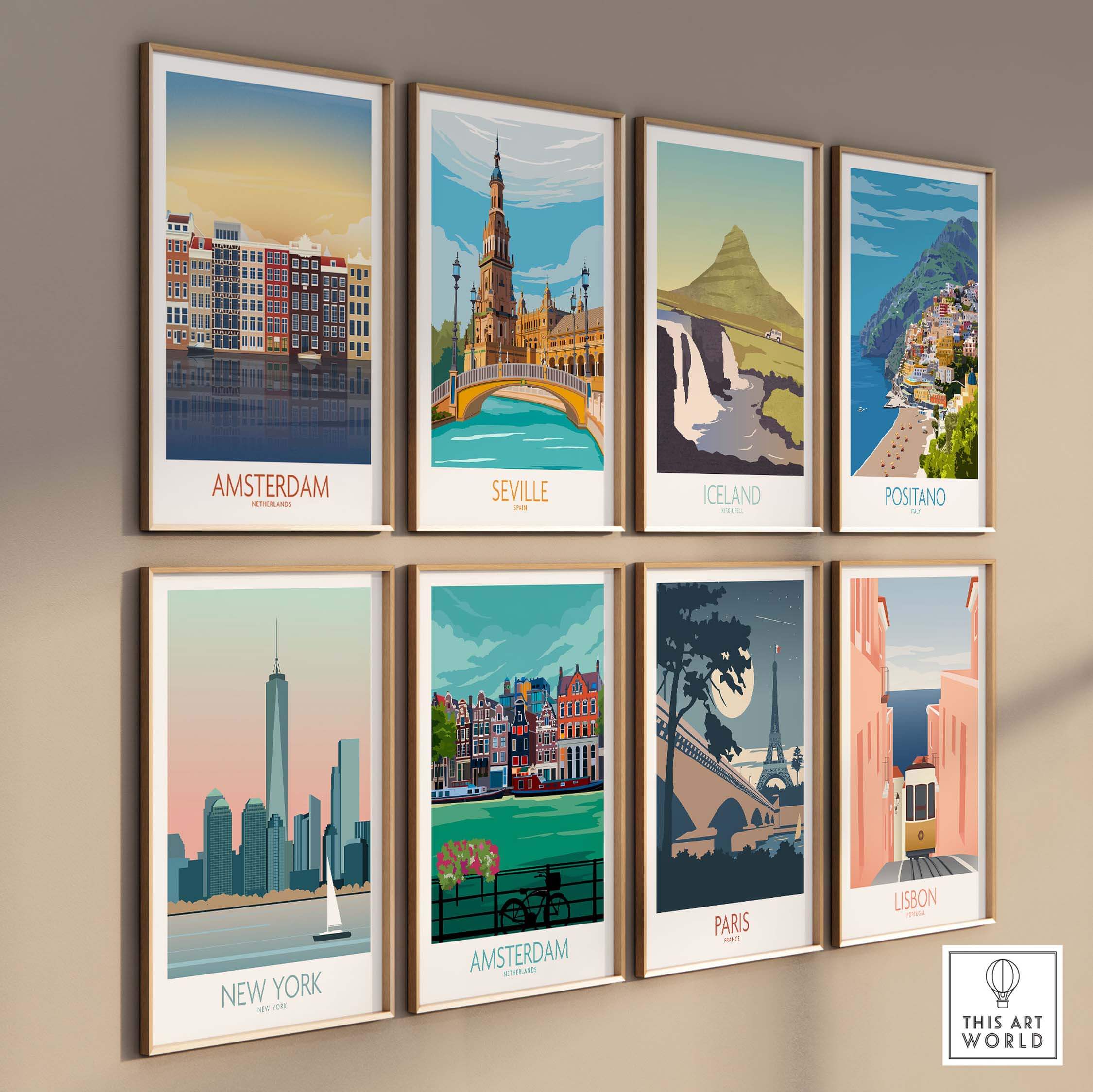 A collection of vintage-inspired travel posters featuring cities like Amsterdam, Seville, and New York, displayed on a stylish wall.