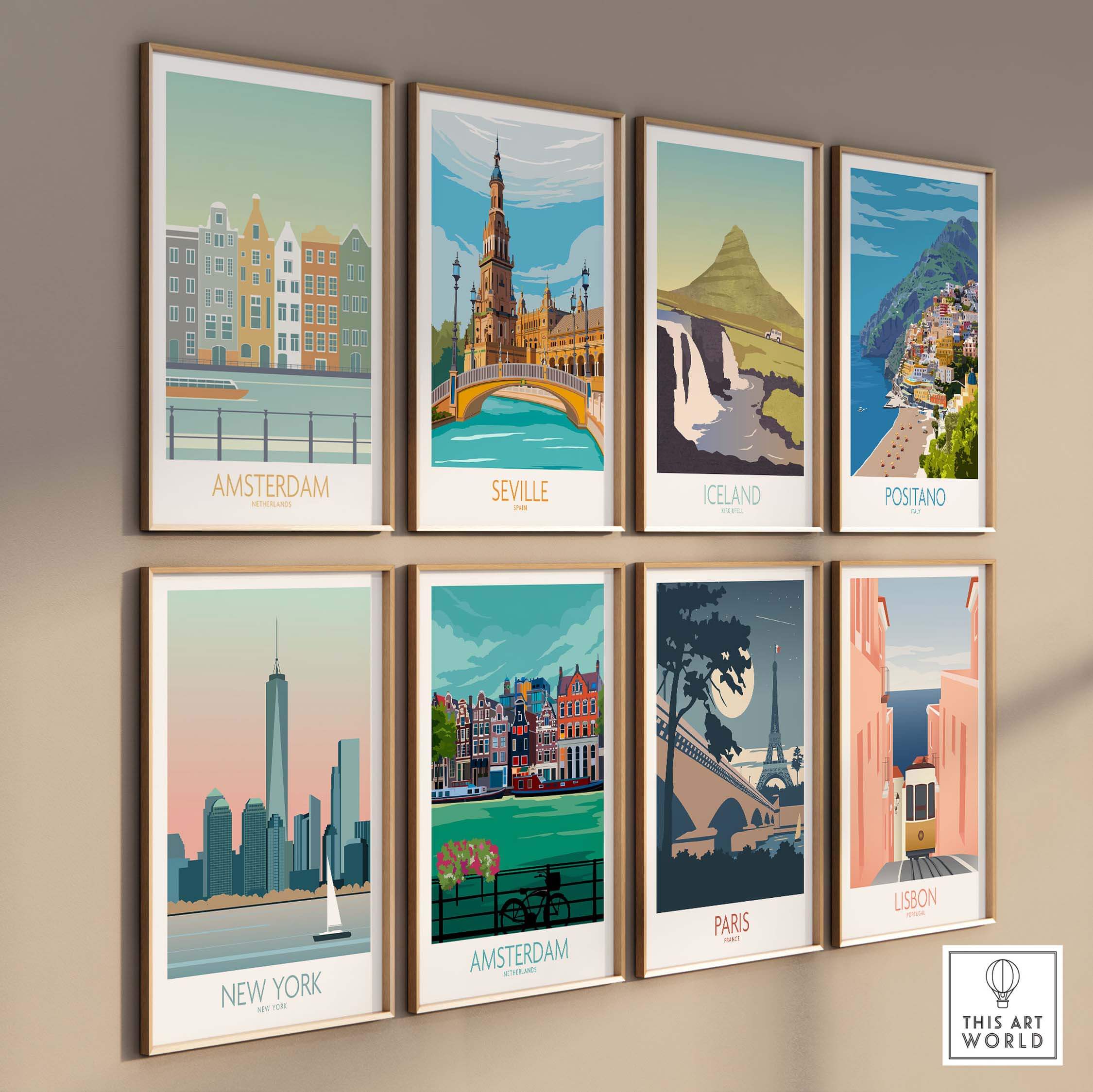 Collection of vintage travel art prints featuring Amsterdam, Paris, and more, displayed in elegant frames.