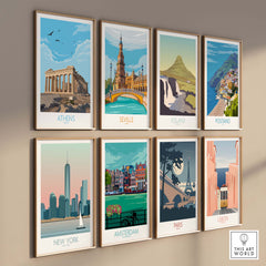 Collection of vintage-inspired travel posters featuring Athens, Seville, Iceland, Positano, New York, Amsterdam, Paris, and Lisbon.