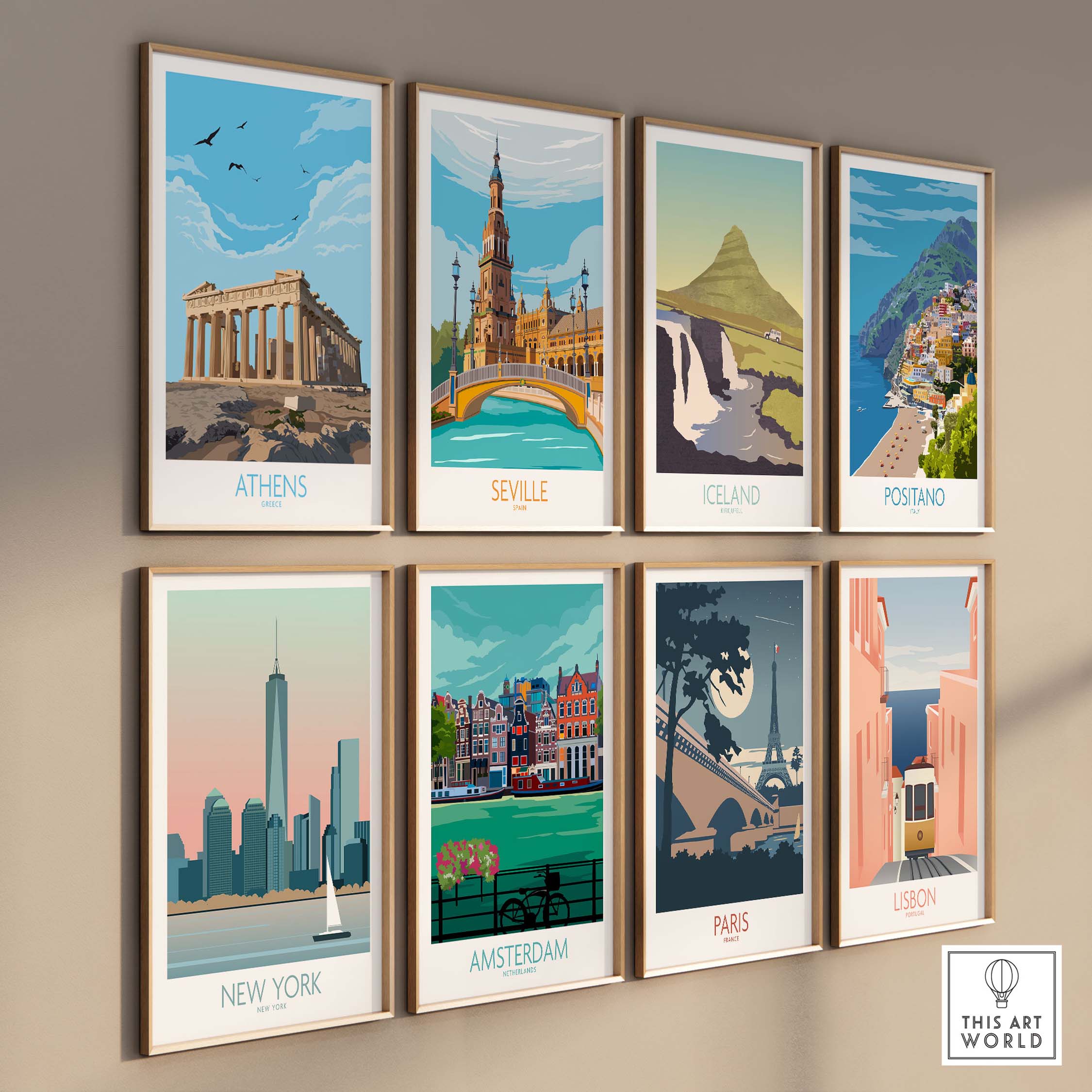Collection of vintage-inspired travel posters featuring Athens, Seville, Iceland, Positano, New York, Amsterdam, Paris, and Lisbon.