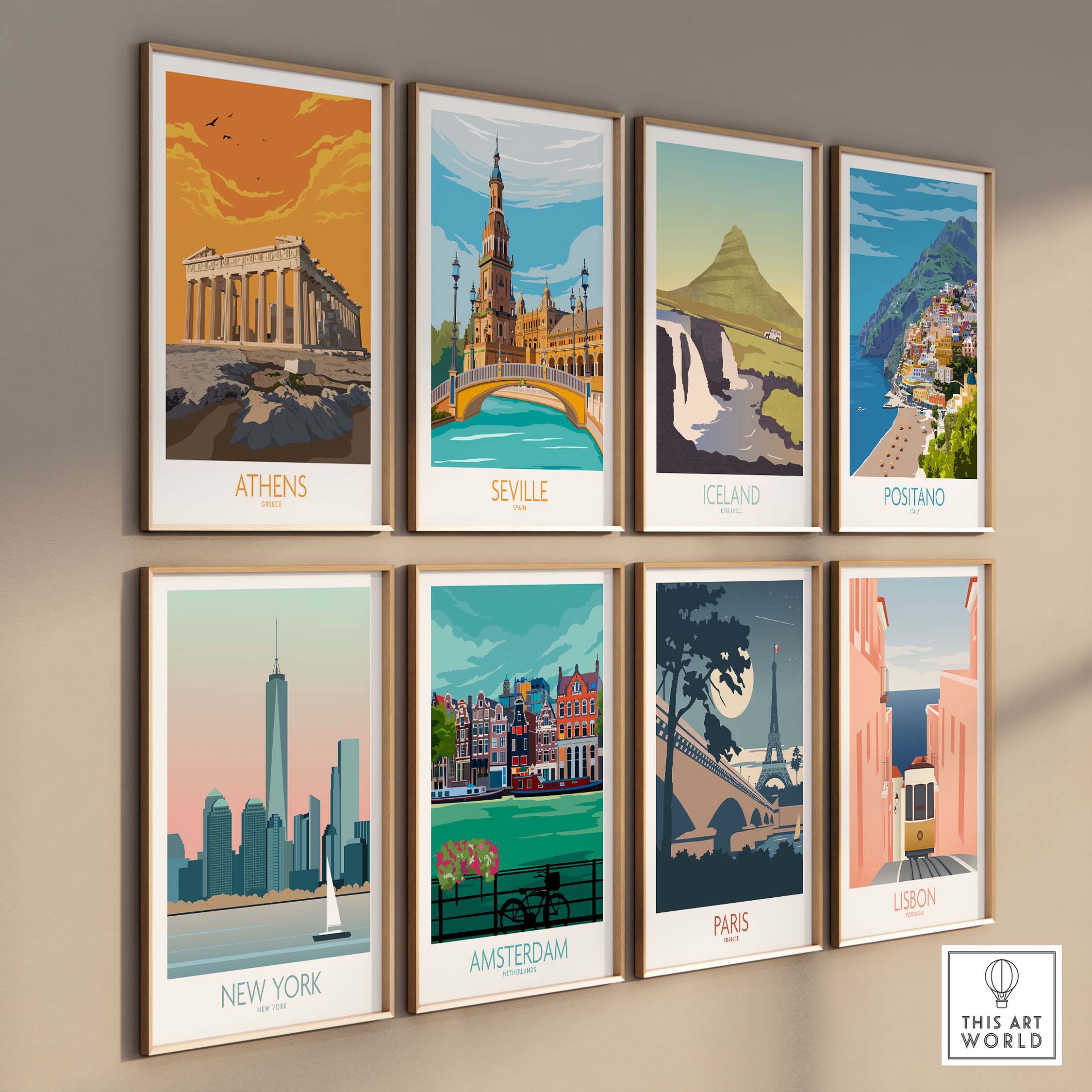 Collection of vintage travel posters featuring Athens, Seville, Iceland, Positano, New York, Amsterdam, Paris, and Lisbon.