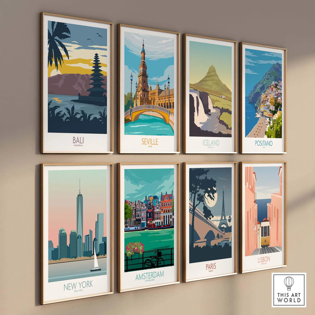 Collage of vintage travel posters featuring Bali, Seville, Iceland, Positano, New York, Amsterdam, Paris, and Lisbon.