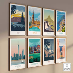 Collage of vintage travel posters featuring Bali, Seville, Iceland, Positano, New York, Amsterdam, Paris, and Lisbon.