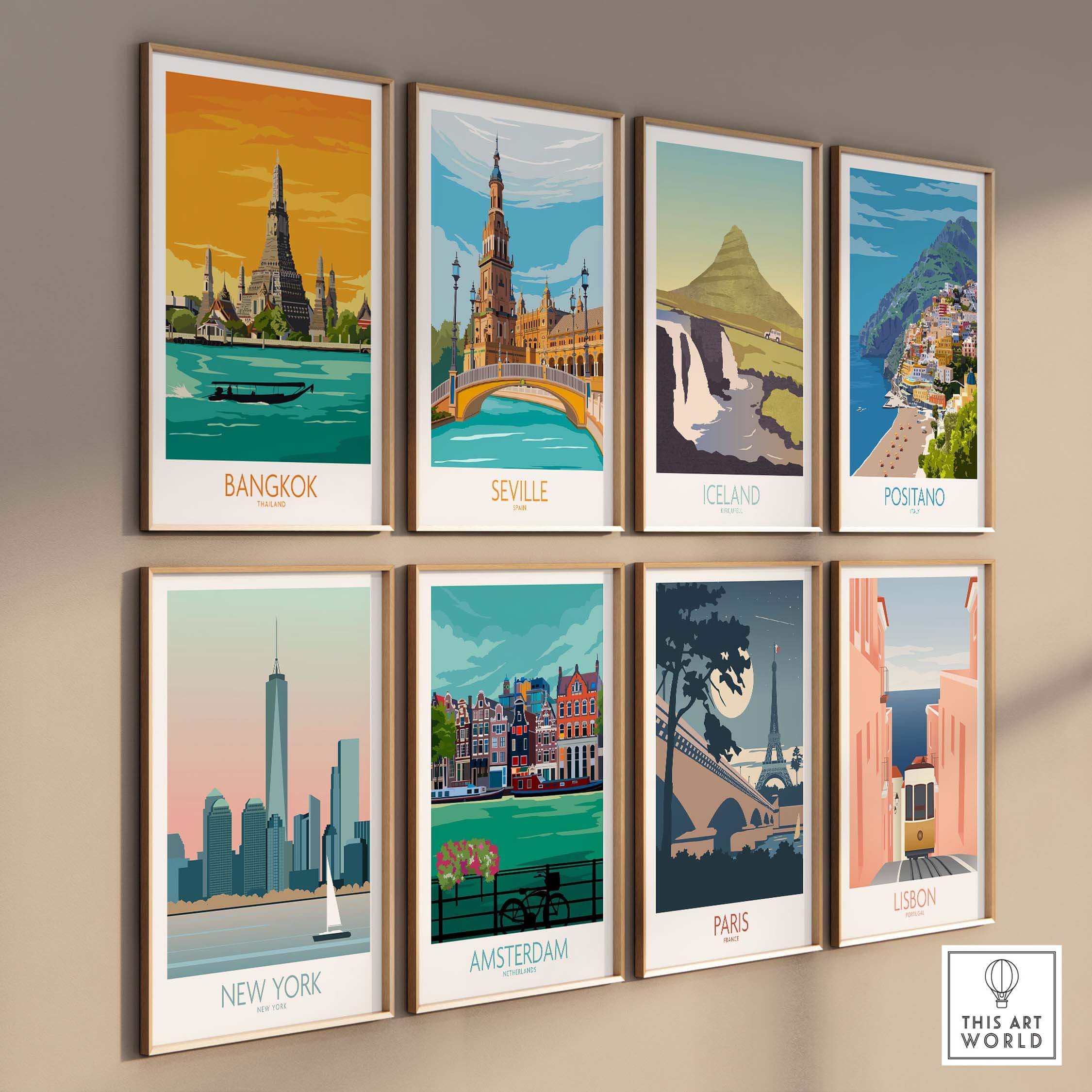 Collection of vintage travel posters featuring Bangkok, Seville, Iceland, Positano, New York, Amsterdam, Paris, and Lisbon.