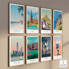 Collection of vintage travel posters including Barbados, Seville, Iceland, and more. Stylish wall art for wanderlust enthusiasts.