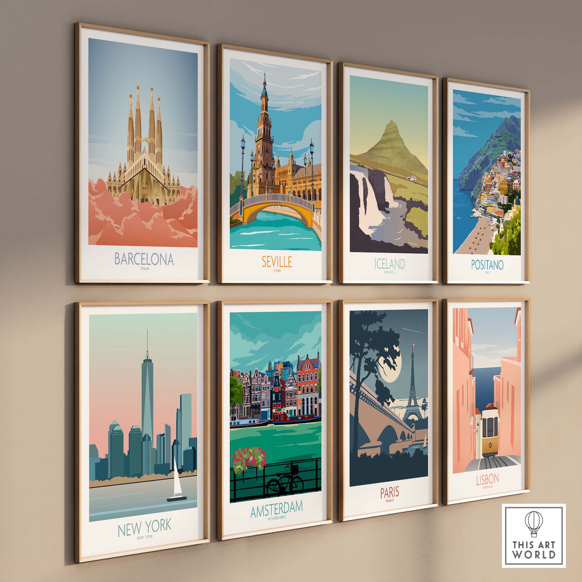 Barcelona wall art print alongside vintage travel posters of Seville, Iceland, Positano, New York, Amsterdam, Paris, and Lisbon.