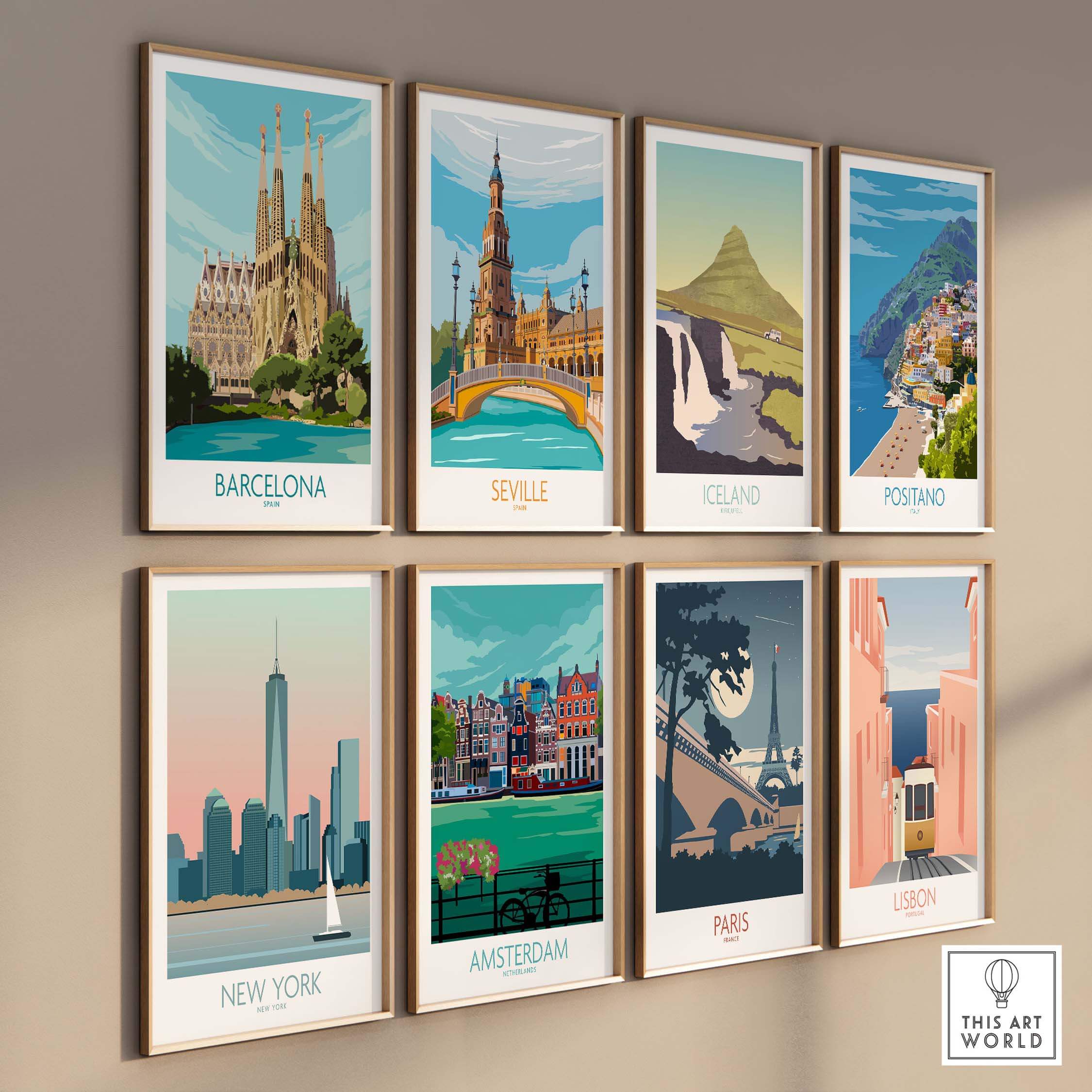 Colorful vintage travel posters featuring Barcelona, Seville, Iceland, Positano, New York, Amsterdam, Paris, and Lisbon.