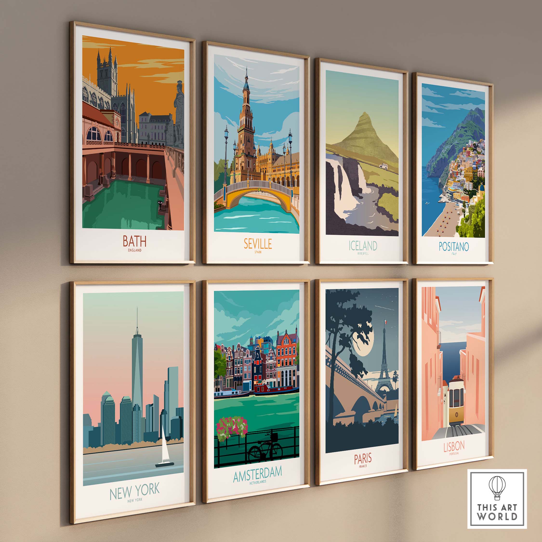 Collection of vintage travel posters featuring Bath, Seville, Iceland, Positano, New York, Amsterdam, Paris, Lisbon.