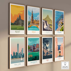 Belfast travel poster collection showcasing vibrant vintage-inspired artwork for home or office decor.