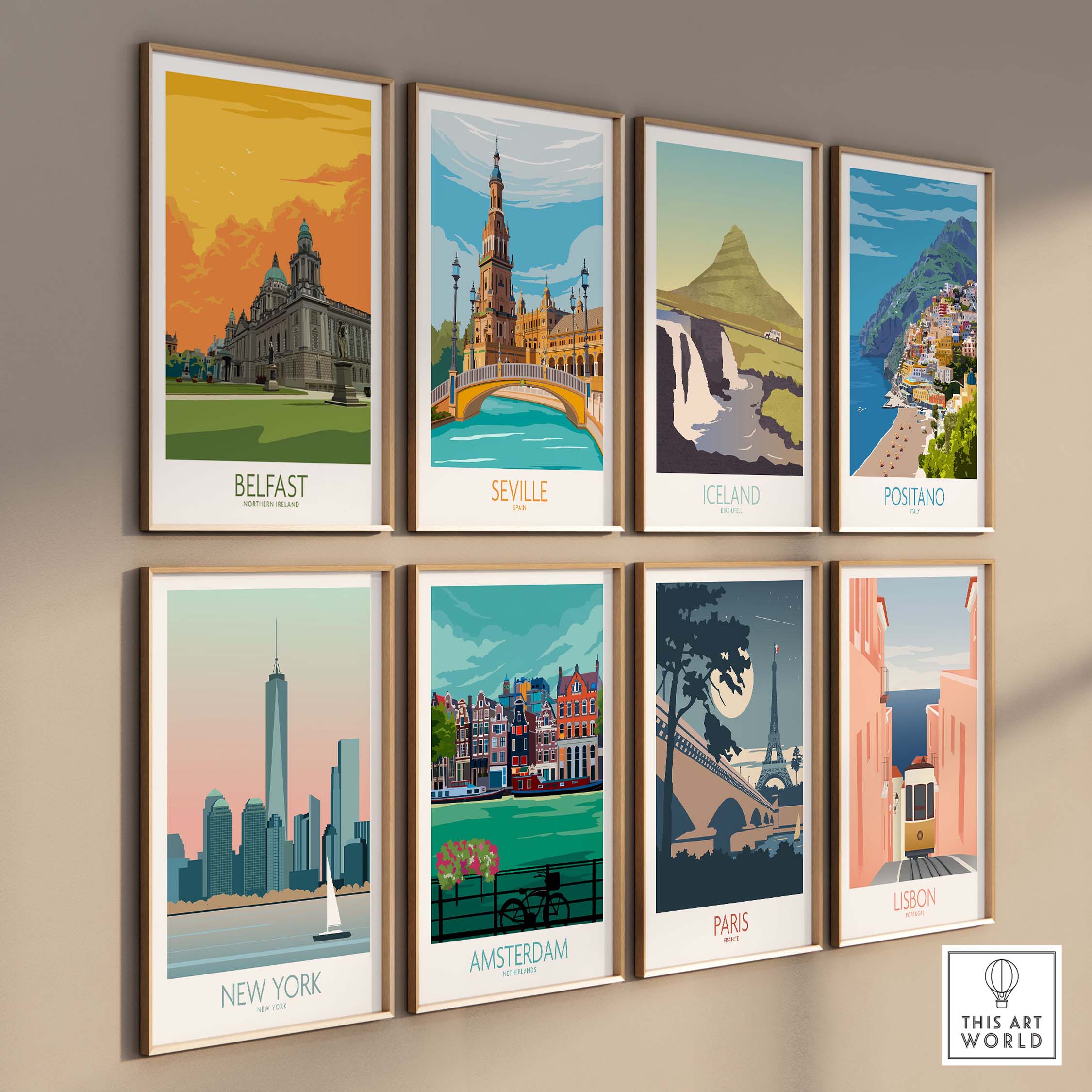 Belfast travel poster collection showcasing vibrant vintage-inspired artwork for home or office decor.