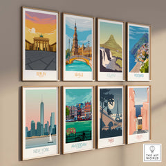 Collage of vintage travel posters featuring Berlin, Seville, Iceland, Postano, New York, Amsterdam, Paris, and Lisbon.