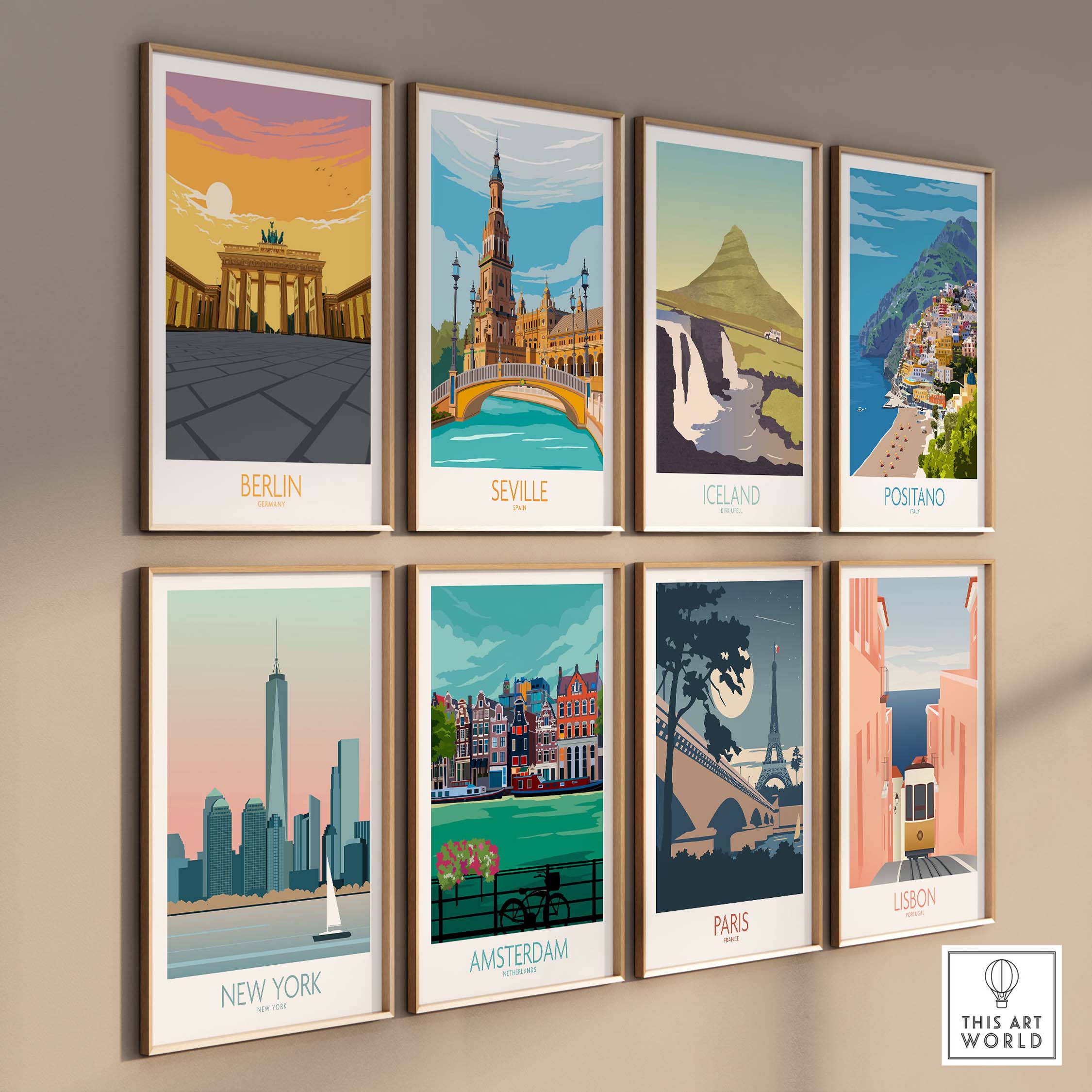 Collage of vintage travel posters featuring Berlin, Seville, Iceland, Postano, New York, Amsterdam, Paris, and Lisbon.