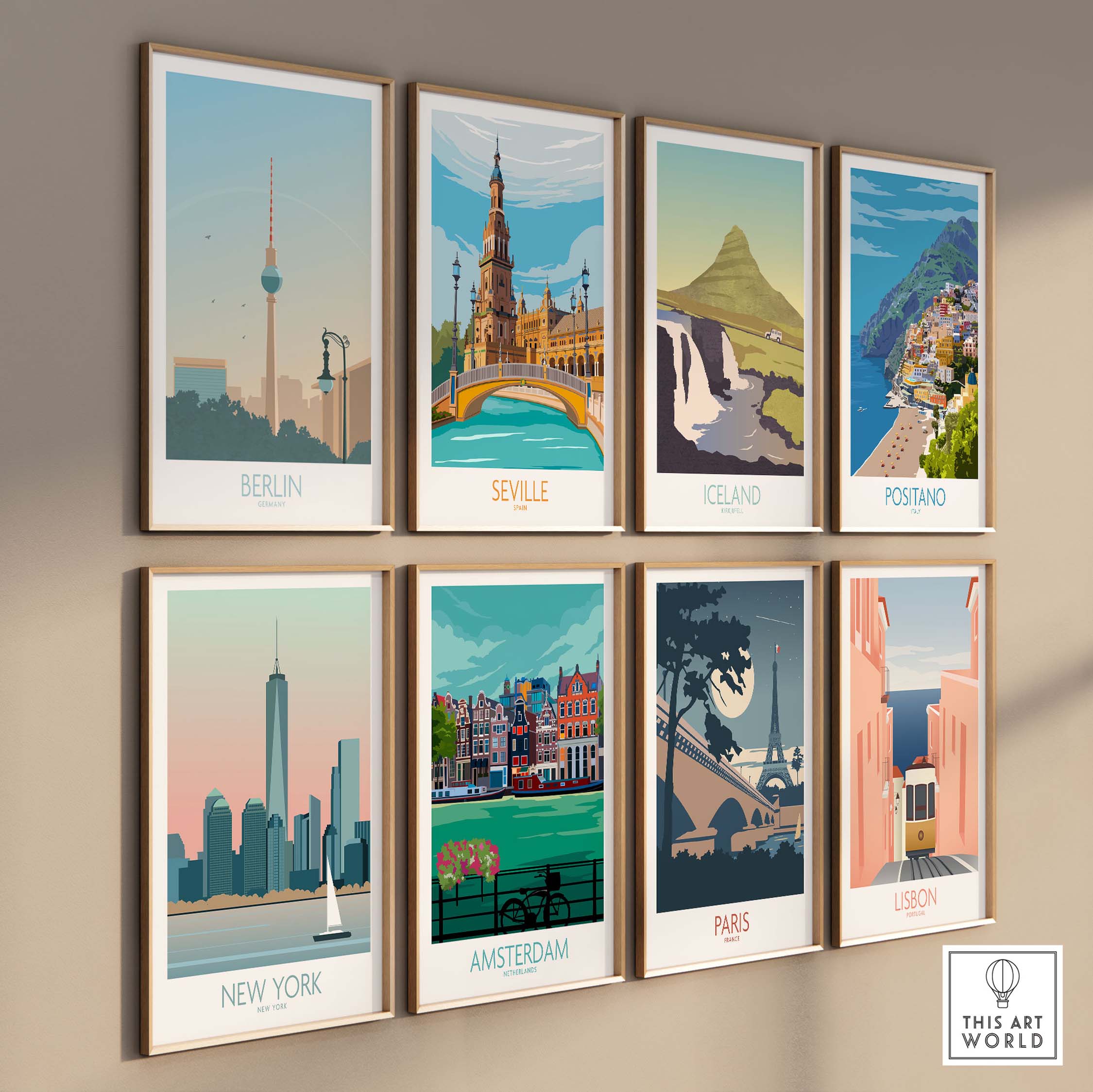 Gallery of vintage travel posters featuring Berlin, Seville, Iceland, Positano, New York, Amsterdam, Paris, and Lisbon.