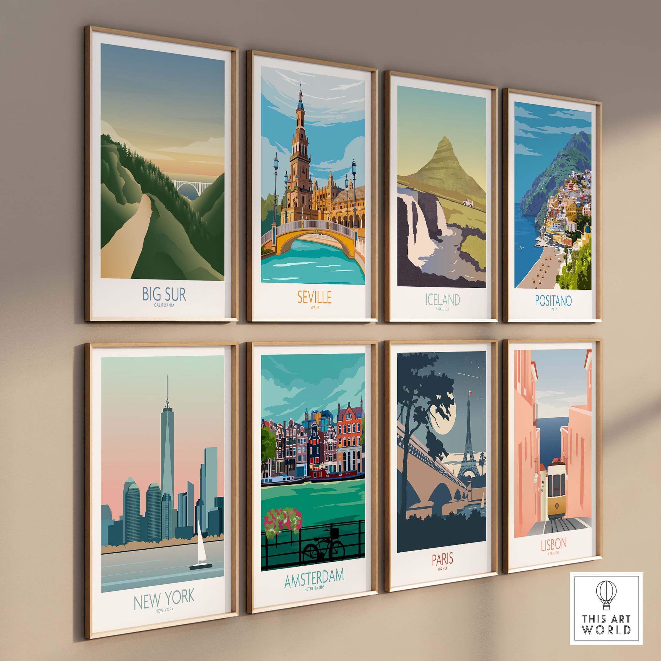 Gallery of travel art prints featuring Big Sur, Seville, Iceland, Positano, New York, Amsterdam, Paris, and Lisbon.