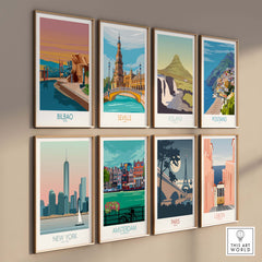 Collection of travel posters featuring Bilbao, Seville, Iceland, Positano, New York, Amsterdam, Paris, and Lisbon.