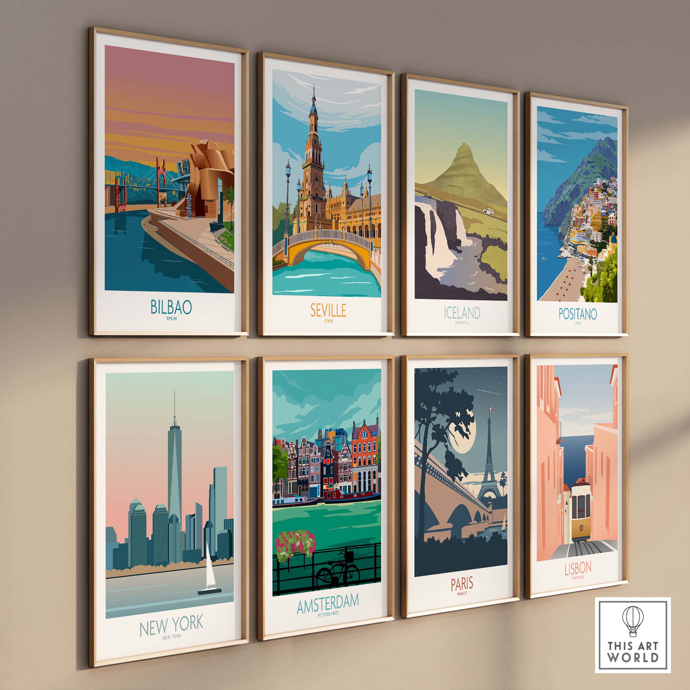 Collection of travel posters featuring Bilbao, Seville, Iceland, Positano, New York, Amsterdam, Paris, and Lisbon.