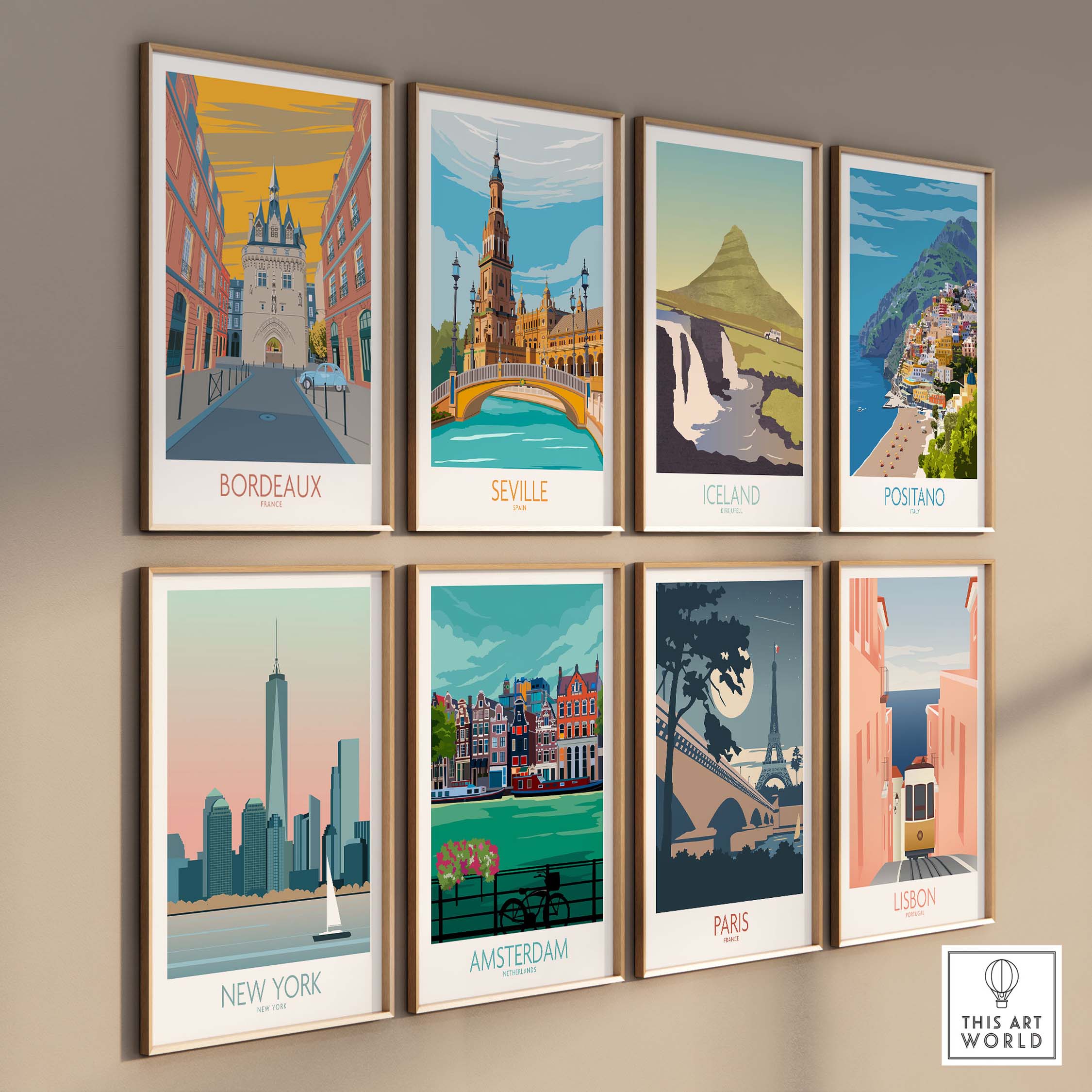 Collection of vintage travel posters including Bordeaux, Seville, Iceland, and Paris, showcasing beautiful cityscapes.