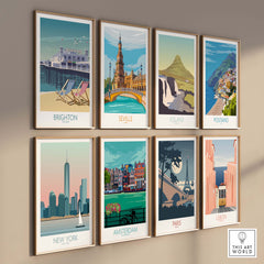 Collection of vintage travel posters featuring Brighton, Seville, Iceland, Positano, New York, Amsterdam, Paris, and Lisbon.