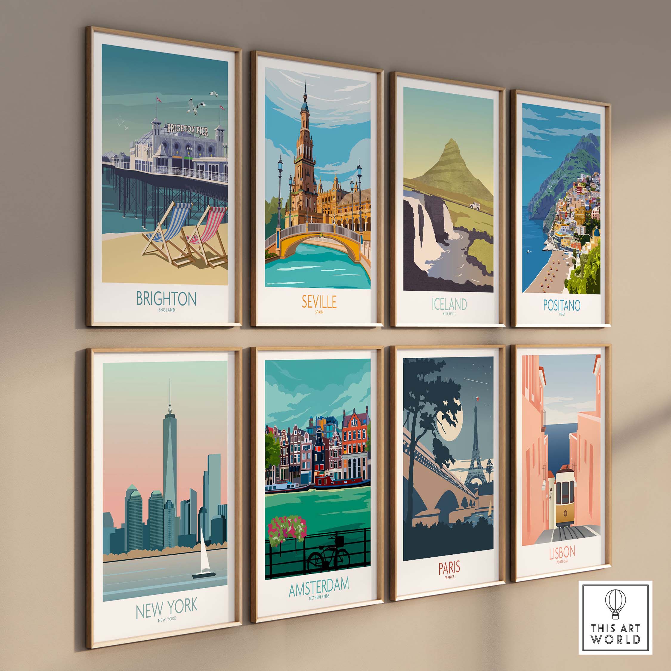Collection of vintage travel posters featuring Brighton, Seville, Iceland, Positano, New York, Amsterdam, Paris, and Lisbon.