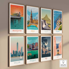 Gallery of vintage travel posters including Brighton Pier, Seville, Iceland, and more, showcasing global destinations.