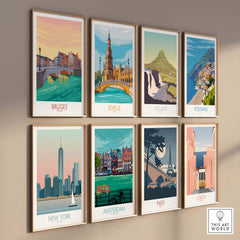 Gallery of vintage travel posters featuring Bruges, Seville, Iceland, Positano, New York, Amsterdam, Paris, and Lisbon.