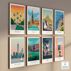 Gallery of vintage travel poster prints featuring Brussels, Seville, Iceland, New York, and more. Stylish wall art collection.