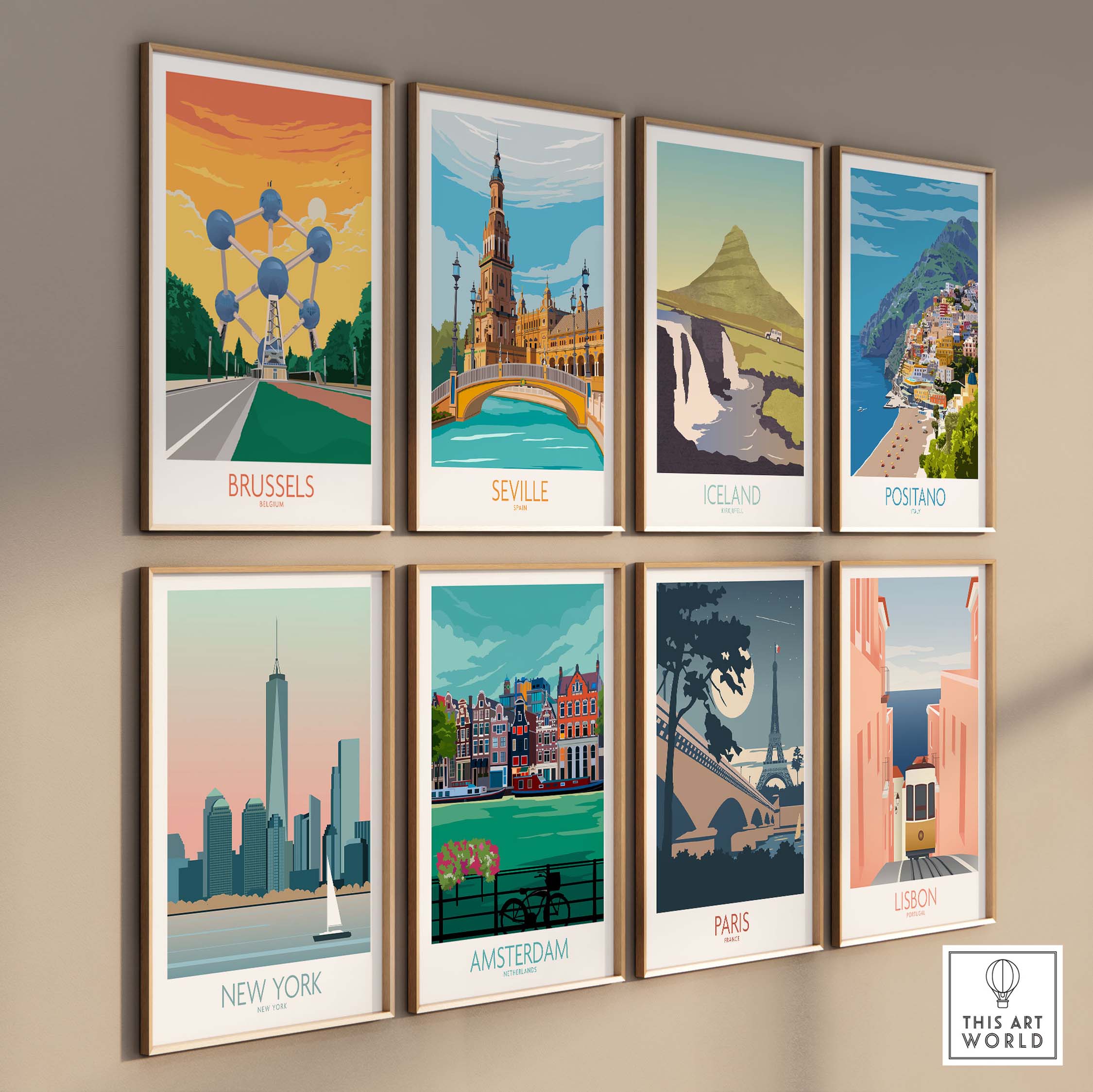 Gallery of vintage travel poster prints featuring Brussels, Seville, Iceland, New York, and more. Stylish wall art collection.