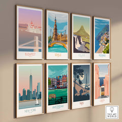 Gallery of vintage travel posters featuring Budapest, Seville, Iceland, Positano, New York, Amsterdam, Paris, and Lisbon.